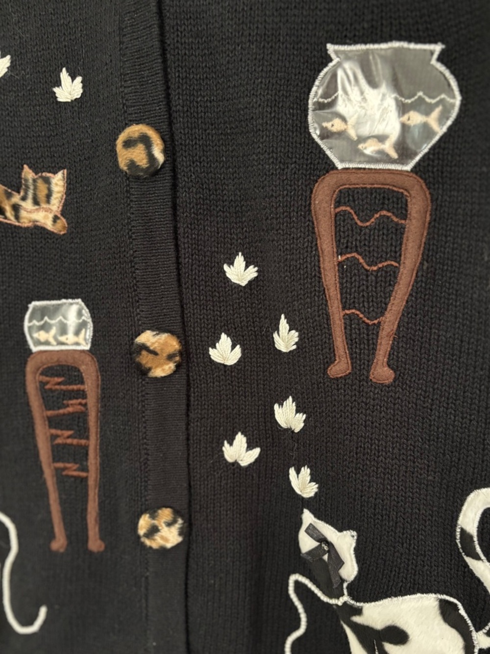 Vintage Cottagecore Crazy Cat Woman Embroidered Kitty Sweater Vest leopard SZ L - Picture 3 of 5